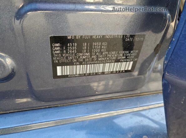 4S3BNAN66G3028830 2016 SUBARU LEGACY Blue 