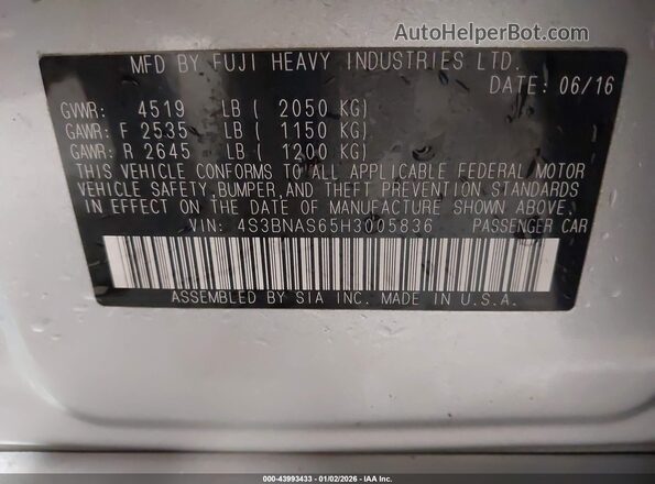 4S3BNAS65H3005836 2017 SUBARU LEGACY Серебряный Вид подкапотного пространства