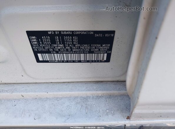 4S3BNAS69J3035105 2018 SUBARU LEGACY White Widok komory silnika