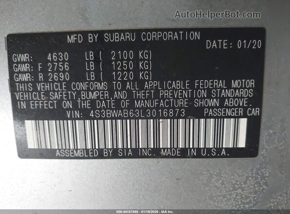 4S3BWAB63L3016873 2020 SUBARU LEGACY Silver Շարժիչի բաժամունքի տեսք