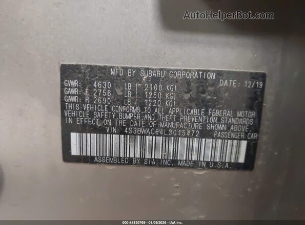 4S3BWAC64L3015472 2020 SUBARU LEGACY Tan ძრავის განყოფილების ხედი