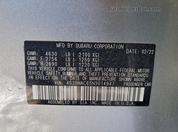 4S3BWAC65N3014947 2022 SUBARU LEGACY Silver Widok komory silnika