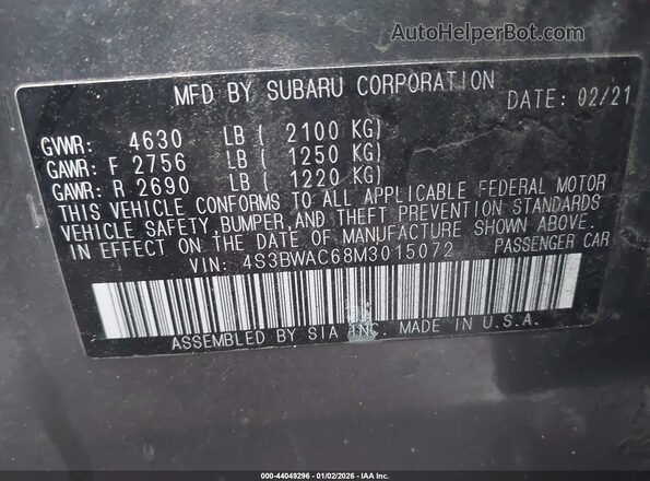4S3BWAC68M3015072 2021 SUBARU LEGACY Серебряный Вид подкапотного пространства