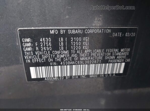 4S3BWAC69L3022871 2020 SUBARU LEGACY Gray Widok komory silnika
