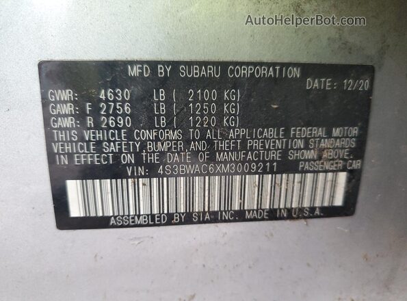 4S3BWAC6XM3009211 2021 SUBARU LEGACY Silver Widok naklejki z numerem VIN