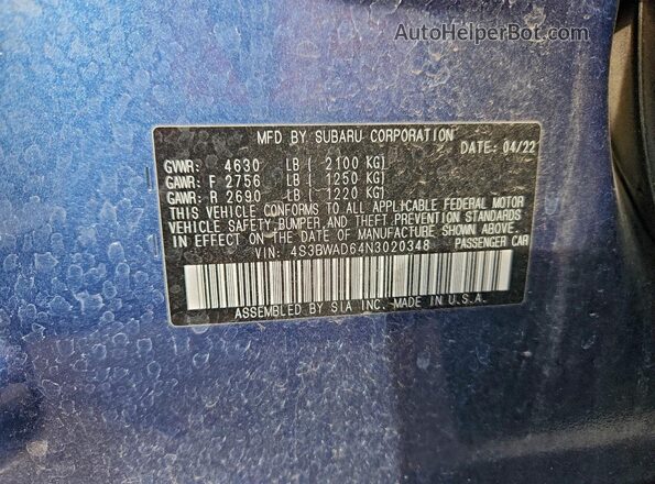 4S3BWAD64N3020348 2022 SUBARU LEGACY Blue 