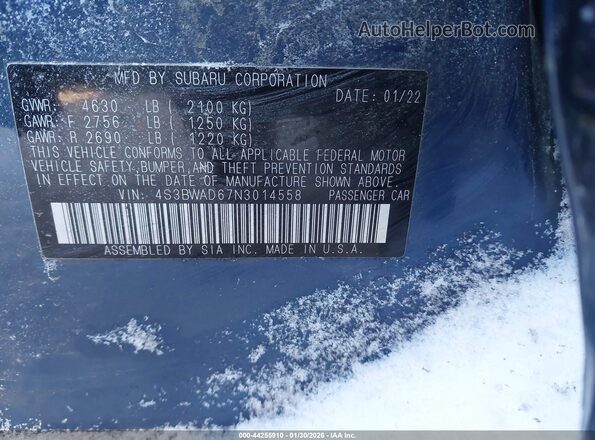 4S3BWAD67N3014558 2022 SUBARU LEGACY Синий 