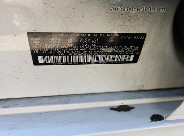4S3BWAD67N3017167 2022 SUBARU LEGACY White Widok naklejki z numerem VIN