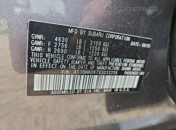 4S3BWAD67S3033235 2025 SUBARU LEGACY Gray 
