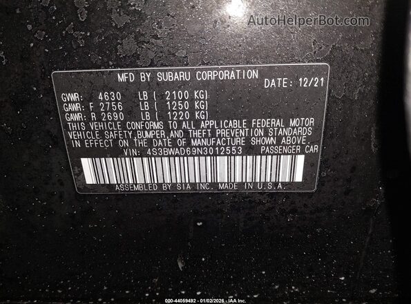 4S3BWAD69N3012553 2022 SUBARU LEGACY Black Շարժիչի բաժամունքի տեսք