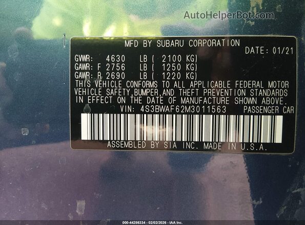 4S3BWAF62M3011563 2021 SUBARU LEGACY Blue Engine compartment view