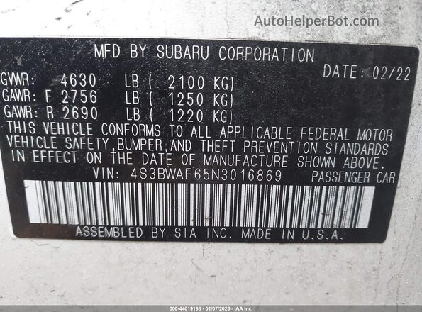 4S3BWAF65N3016869 2022 SUBARU LEGACY White 