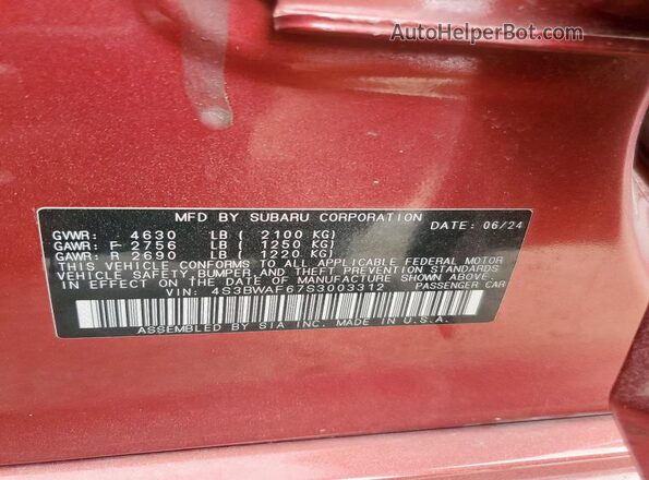 4S3BWAF67S3003312 2025 SUBARU LEGACY Темно-бордовый Вид наклейки с VIN-кодом