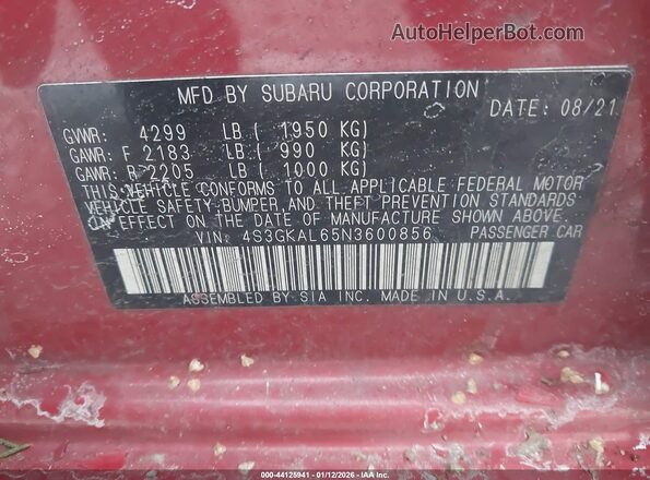 4S3GKAL65N3600856 2022 SUBARU IMPREZA Red Vista del compartimento del motor