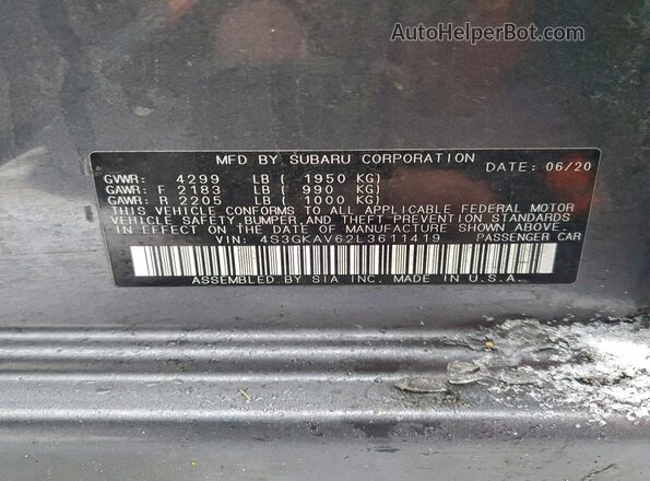 4S3GKAV62L3611419 2020 SUBARU IMPREZA Gray 