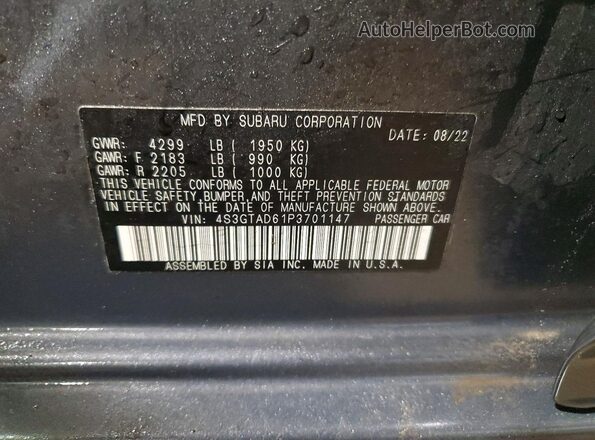 4S3GTAD61P3701147 2023 SUBARU IMPREZA Gray VIN կոդի պիտակի տեսք