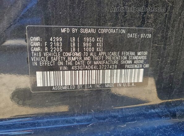 4S3GTAD64L3727428 2020 SUBARU IMPREZA Black Widok komory silnika