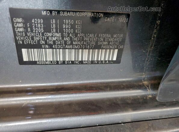 4S3GTAM60M3701877 2021 SUBARU IMPREZA Gray Widok naklejki z numerem VIN