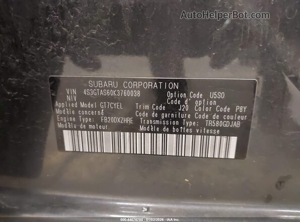 4S3GTAS60K3760038 2019 SUBARU IMPREZA Pewter Engine compartment view
