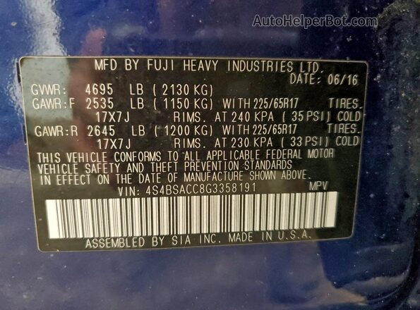4S4BSACC8G3358191 2016 SUBARU OUTBACK Blue Vista de la etiqueta del VIN