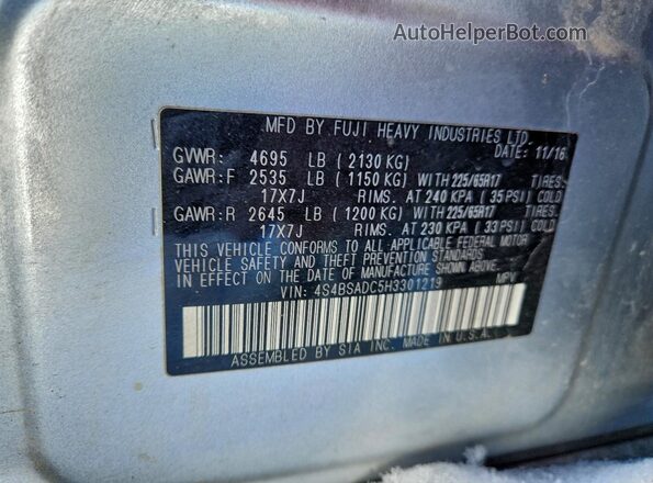 4S4BSADC5H3301219 2017 SUBARU OUTBACK Silver VIN sticker view