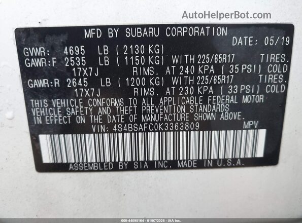 4S4BSAFC0K3363809 2019 SUBARU OUTBACK White Widok komory silnika