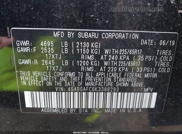 4S4BSAFC6K3388293 2019 SUBARU OUTBACK Черный Вид подкапотного пространства