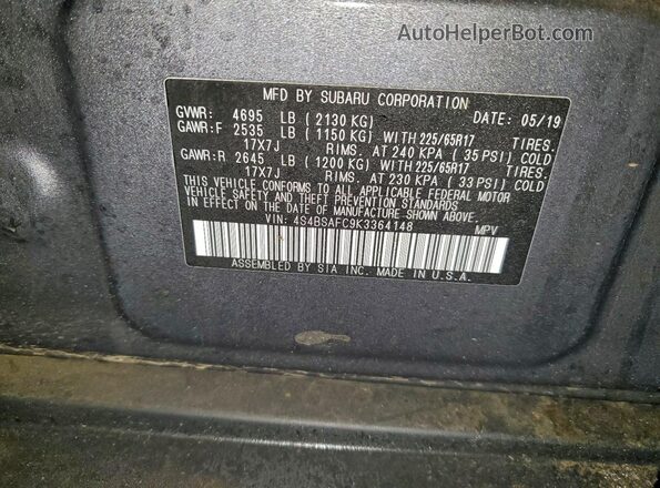 4S4BSAFC9K3364148 2019 SUBARU OUTBACK Gray Widok wnętrza 360 stopni