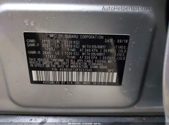 4S4BSAFCXK3237540 2019 SUBARU OUTBACK Silver ძრავის განყოფილების ხედი