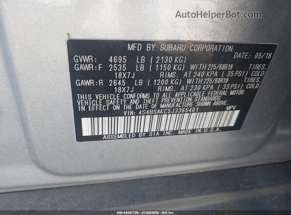 4S4BSAKC5J3365401 2018 SUBARU OUTBACK Silver Շարժիչի բաժամունքի տեսք