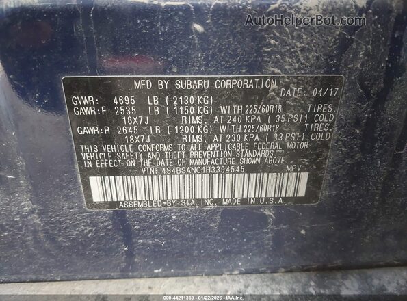 4S4BSANC1H3394545 2017 SUBARU OUTBACK Blue Շարժիչի բաժամունքի տեսք
