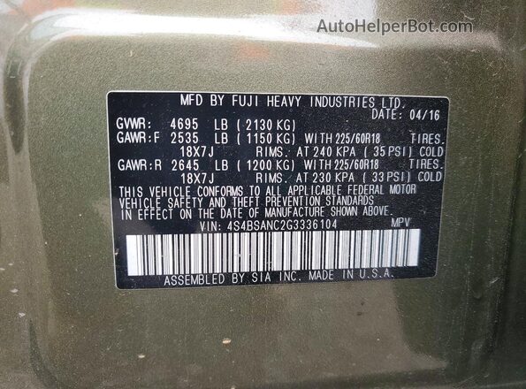 4S4BSANC2G3336104 2016 SUBARU OUTBACK Green Շարժիչի բաժամունքի տեսք