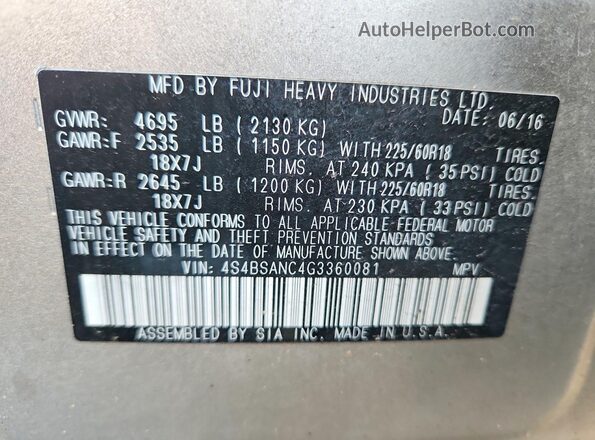 4S4BSANC4G3360081 2016 SUBARU OUTBACK Бежевый Вид подкапотного пространства