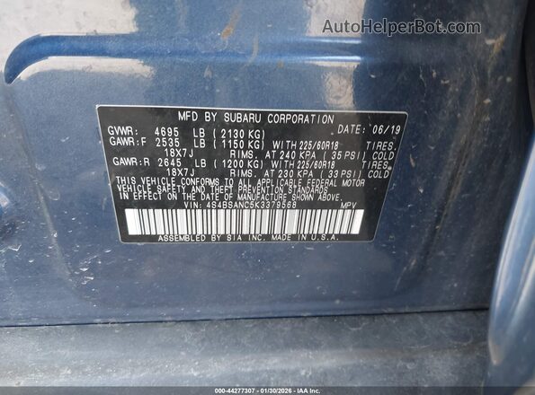 4S4BSANC5K3379568 2019 SUBARU OUTBACK Dark Blue Widok komory silnika