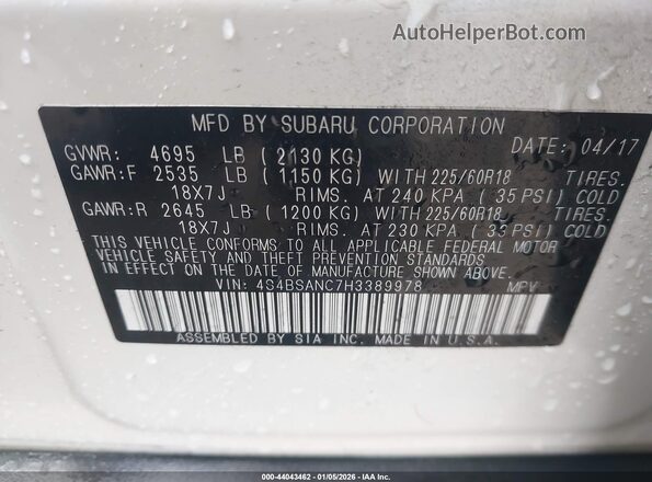 4S4BSANC7H3389978 2017 SUBARU OUTBACK White Вид підкапотного простору