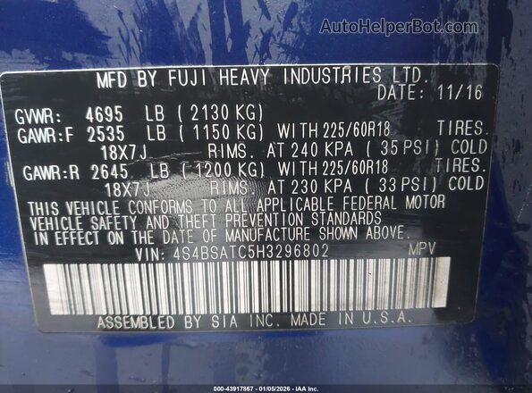 4S4BSATC5H3296802 2017 SUBARU OUTBACK Blue Вид підкапотного простору