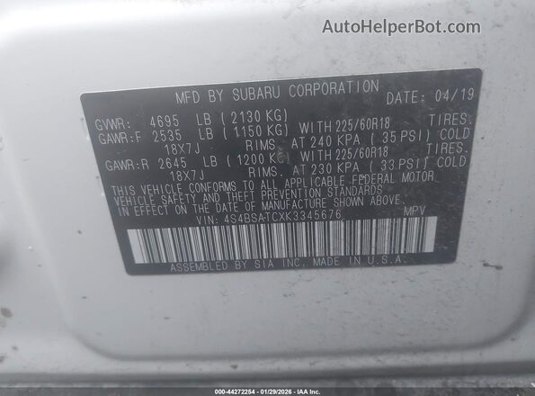 4S4BSATCXK3345676 2019 SUBARU OUTBACK White Շարժիչի բաժամունքի տեսք