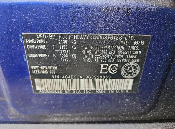4S4BSCAC9G3228869 2016 SUBARU OUTBACK Blue VIN კოდის სტიკერის ხედი