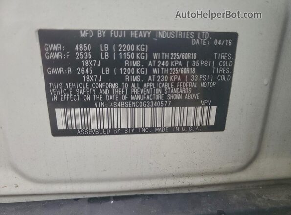 4S4BSENC0G3340577 2016 SUBARU OUTBACK White Vista de la etiqueta del VIN