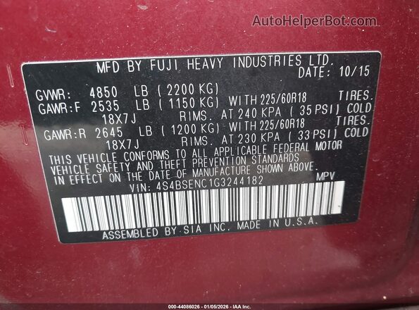 4S4BSENC1G3244182 2016 SUBARU OUTBACK Red Engine compartment view