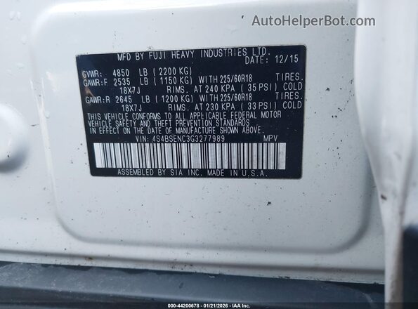4S4BSENC3G3277989 2016 SUBARU OUTBACK White Вид підкапотного простору