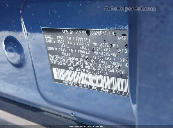 4S4BSENC7K3275106 2019 SUBARU OUTBACK Blue Vista del compartimento del motor