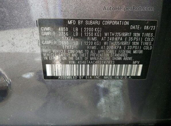 4S4BTAAC4R3147833 2024 SUBARU OUTBACK Gray 