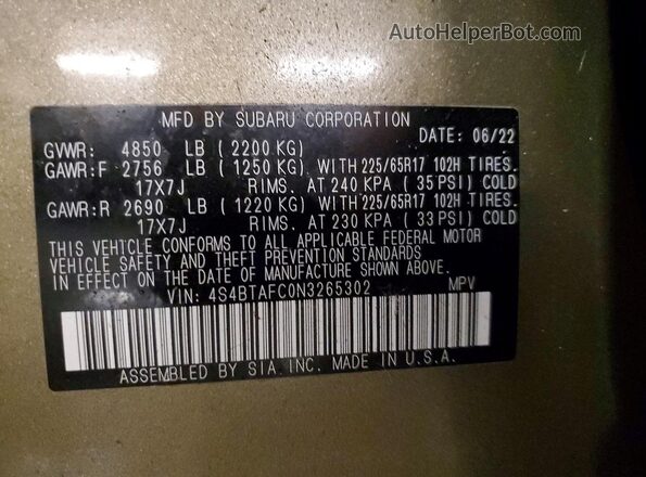 4S4BTAFC0N3265302 2022 SUBARU OUTBACK Зеленый 