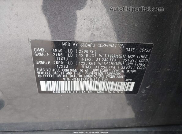 4S4BTAFC1N3261534 2022 SUBARU OUTBACK Gray Vista del compartimento del motor
