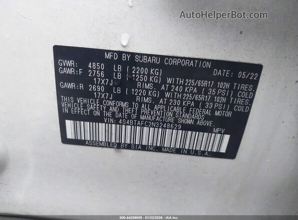 4S4BTAFC2N3248629 2022 SUBARU OUTBACK Белый 
