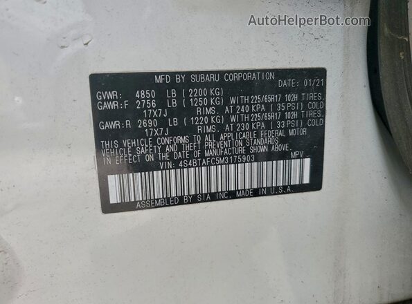 4S4BTAFC5M3175903 2021 SUBARU OUTBACK White ძრავის განყოფილების ხედი