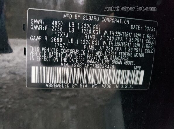 4S4BTAFC7R3258479 2024 SUBARU OUTBACK Черный Вид наклейки с VIN-кодом