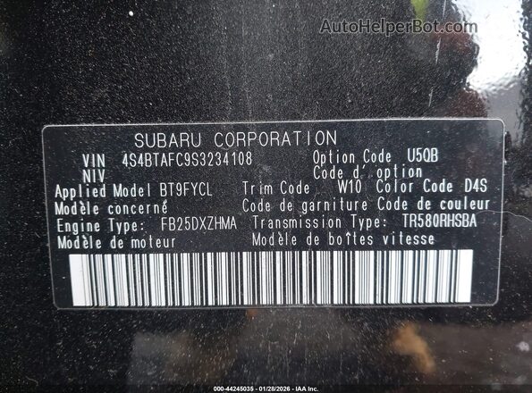 4S4BTAFC9S3234108 2025 SUBARU OUTBACK Черный Вид подкапотного пространства