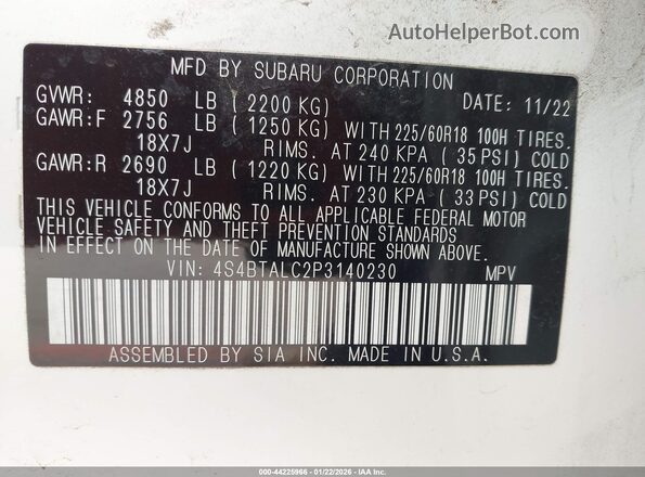 4S4BTALC2P3140230 2023 SUBARU OUTBACK White Вид підкапотного простору